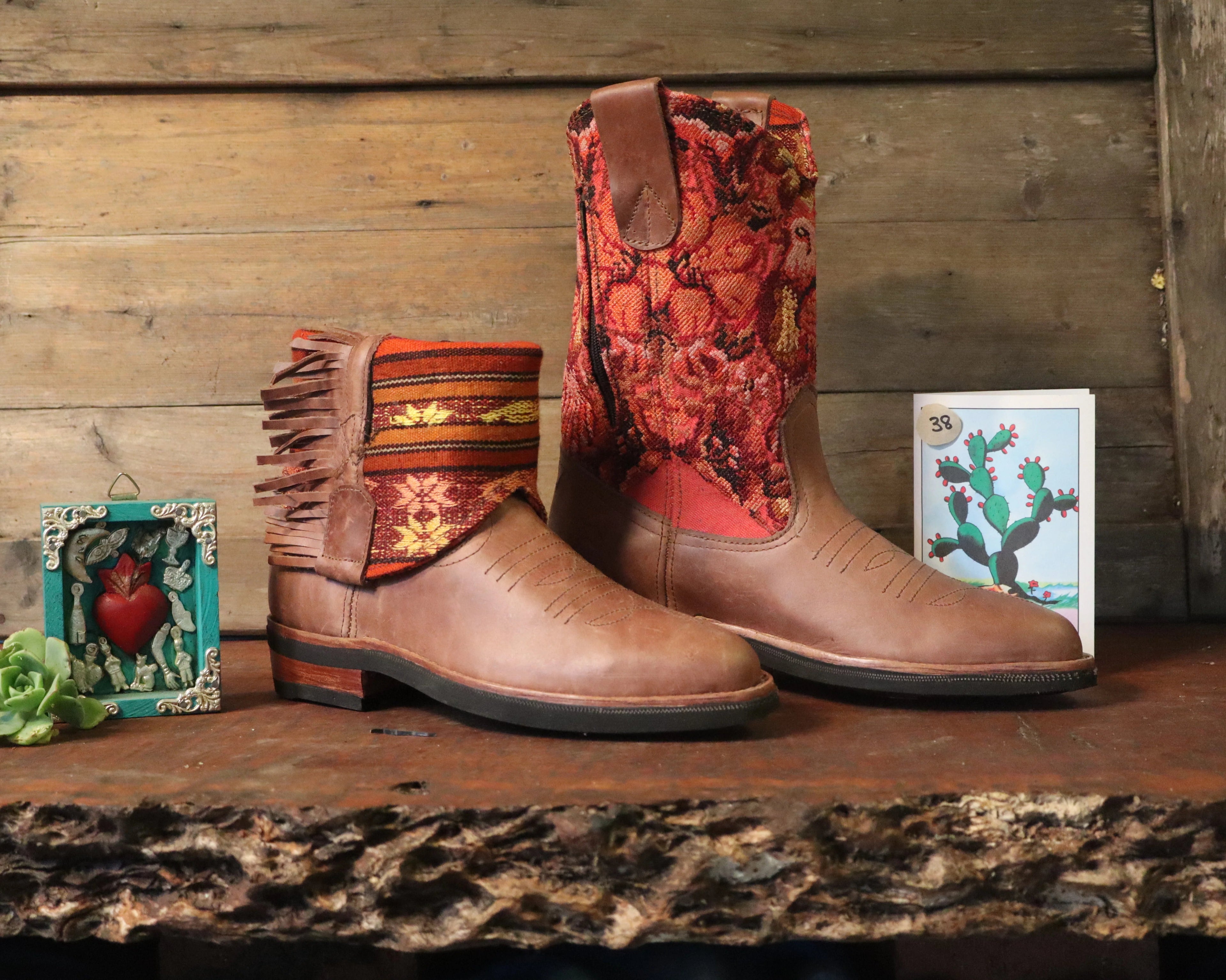 Size 38 - Cowgirl Boots - Orange Birds and Roses