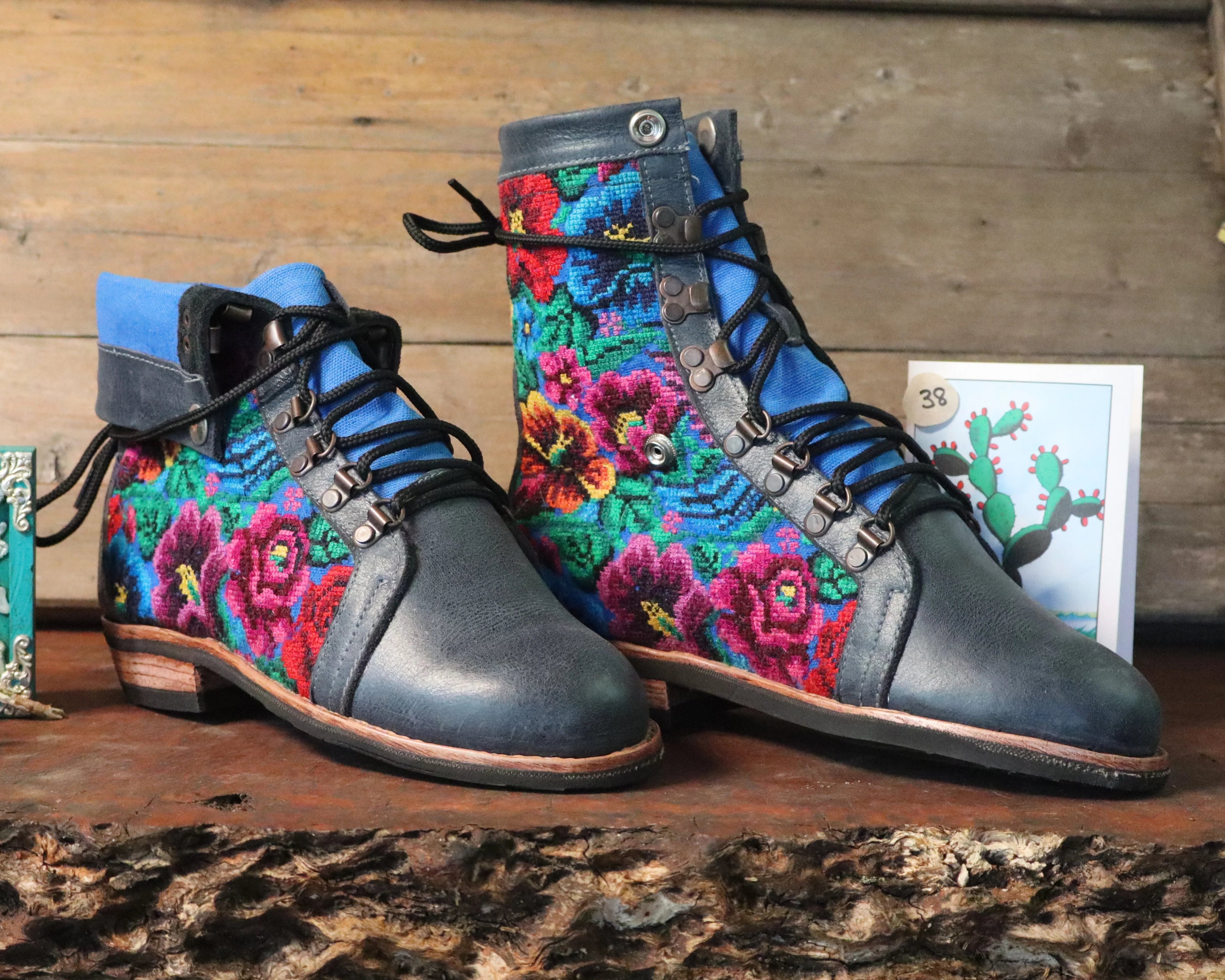 Size 38 - Gypsy Boots - Vibrant Flowers on Blue