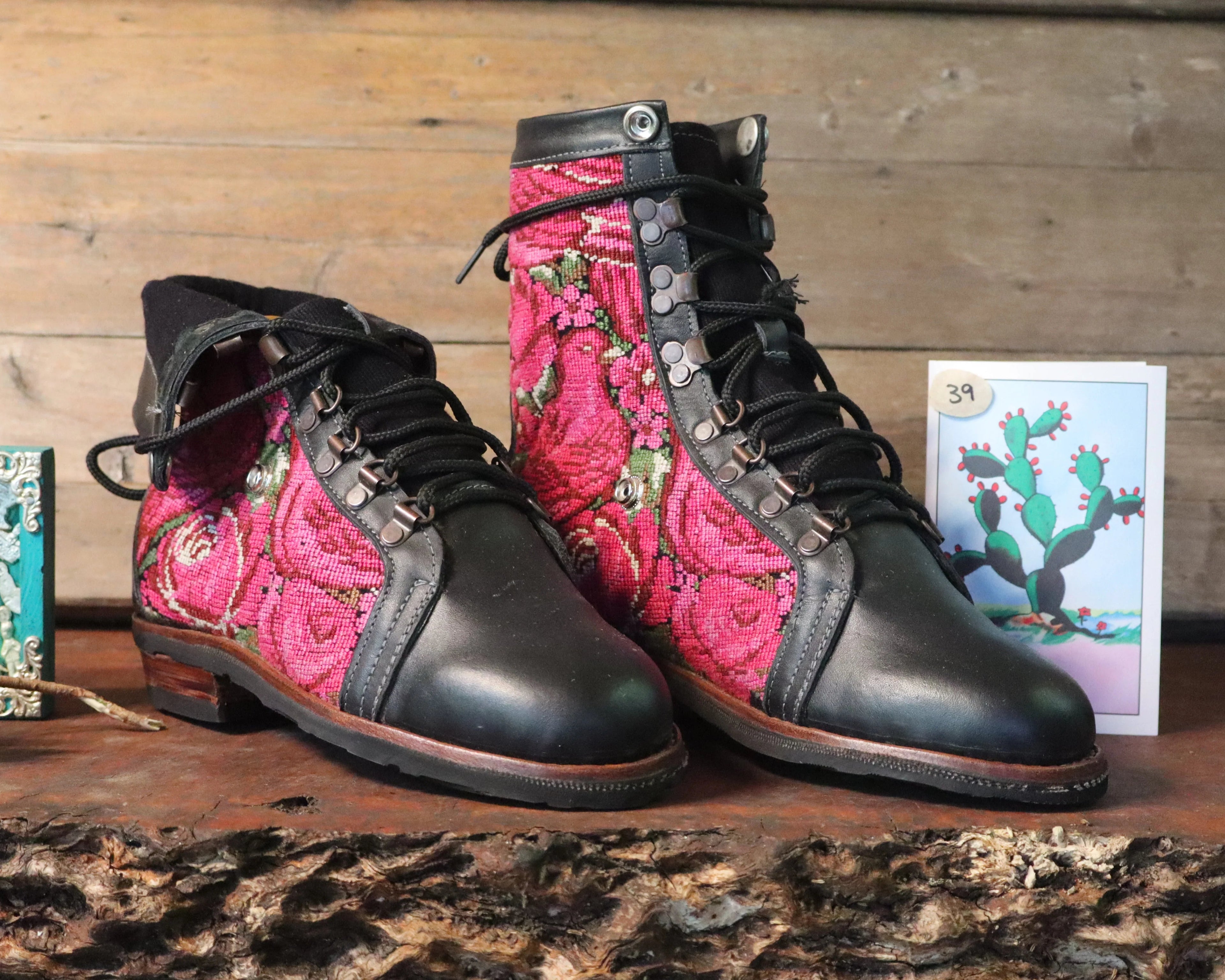 Size 39 - Gypsy Boots - Hot Pink Birds and Rose