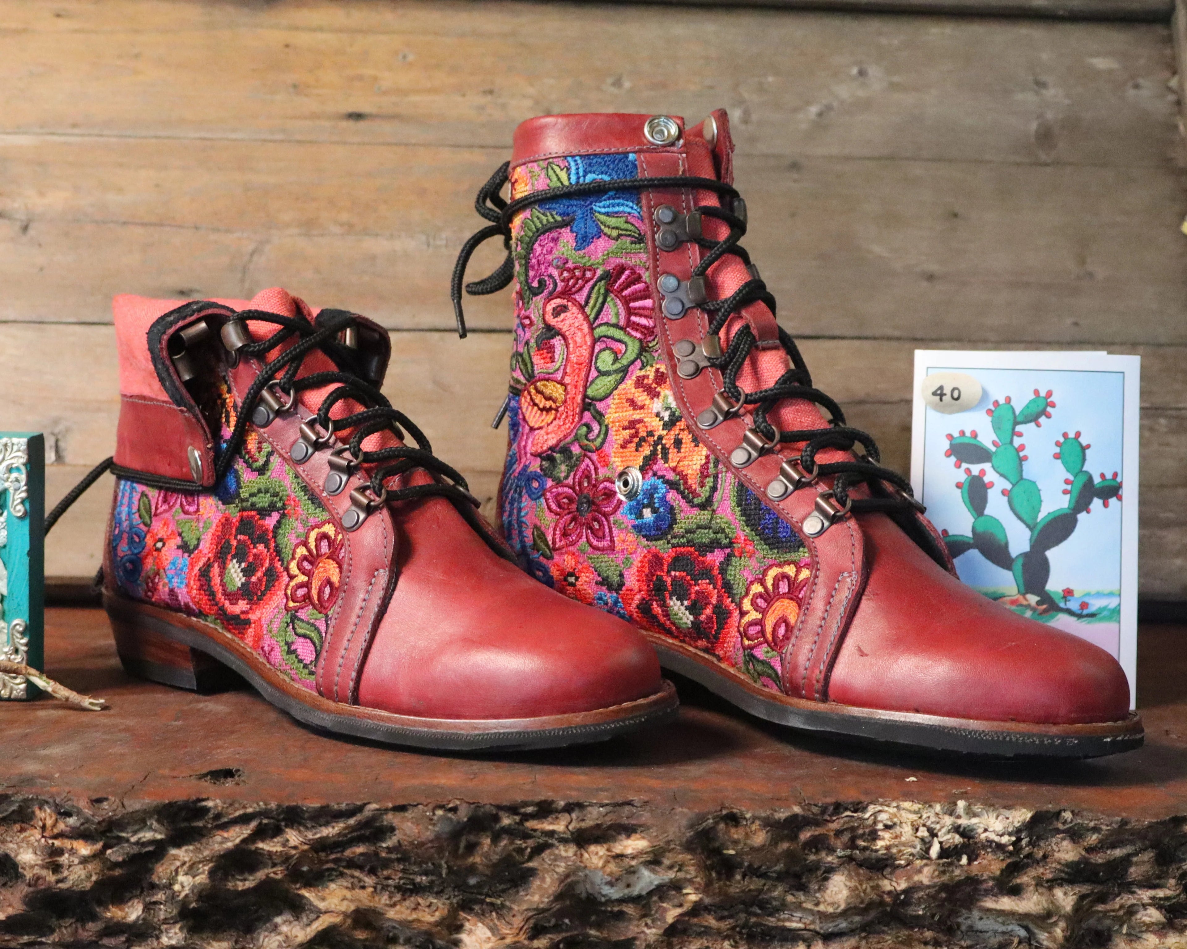 Size 40 - Gypsy Boots - Birds and Flowers on Pink
