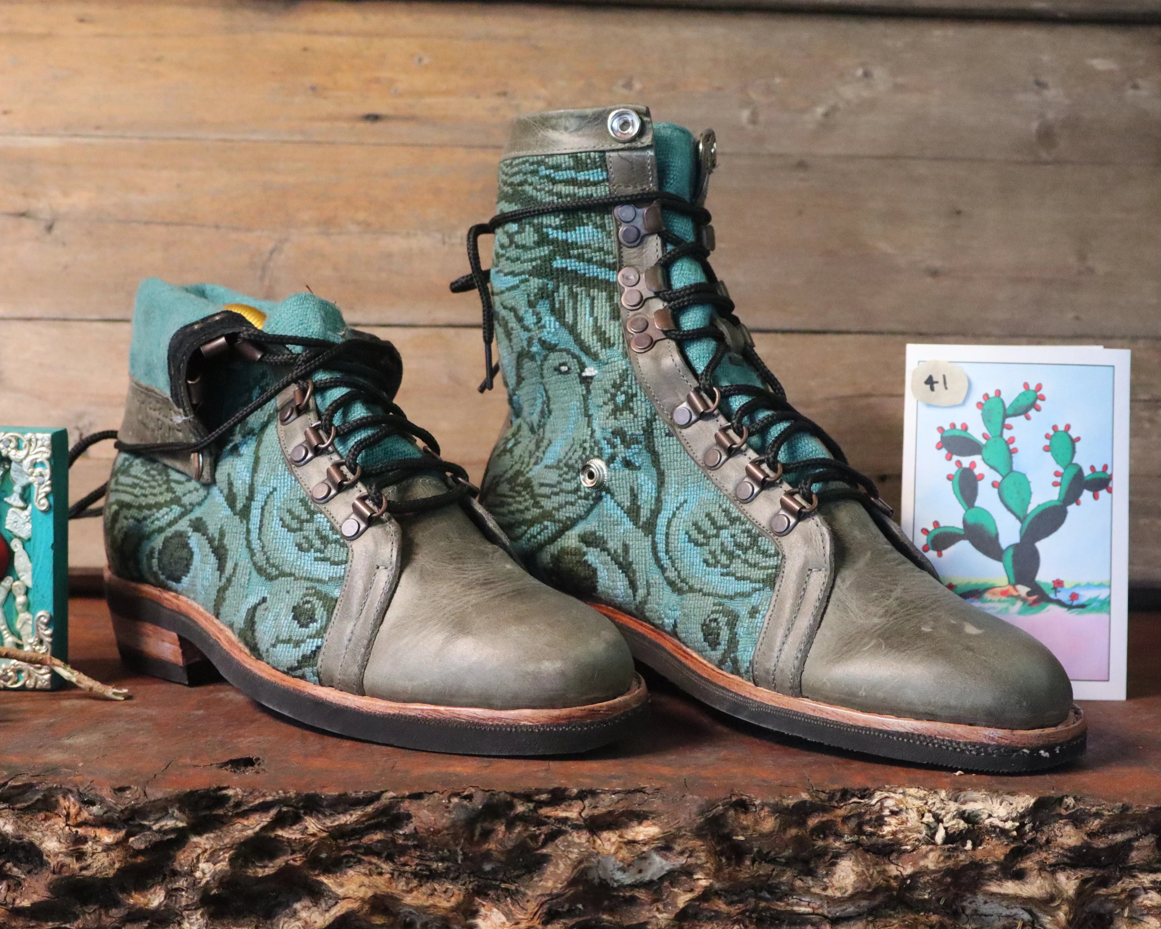 Size 41 - Gypsy Boots - Green Doves and Roses