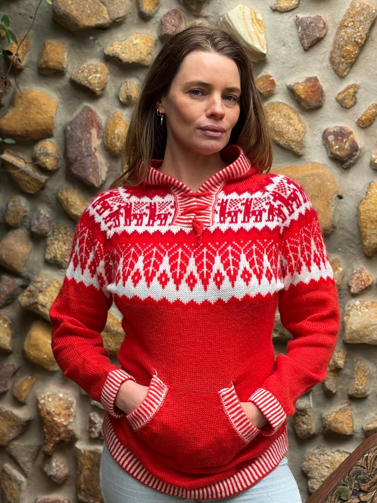 Deep Red - Bolivian Alpaca Knit Hooded Jumper l Small